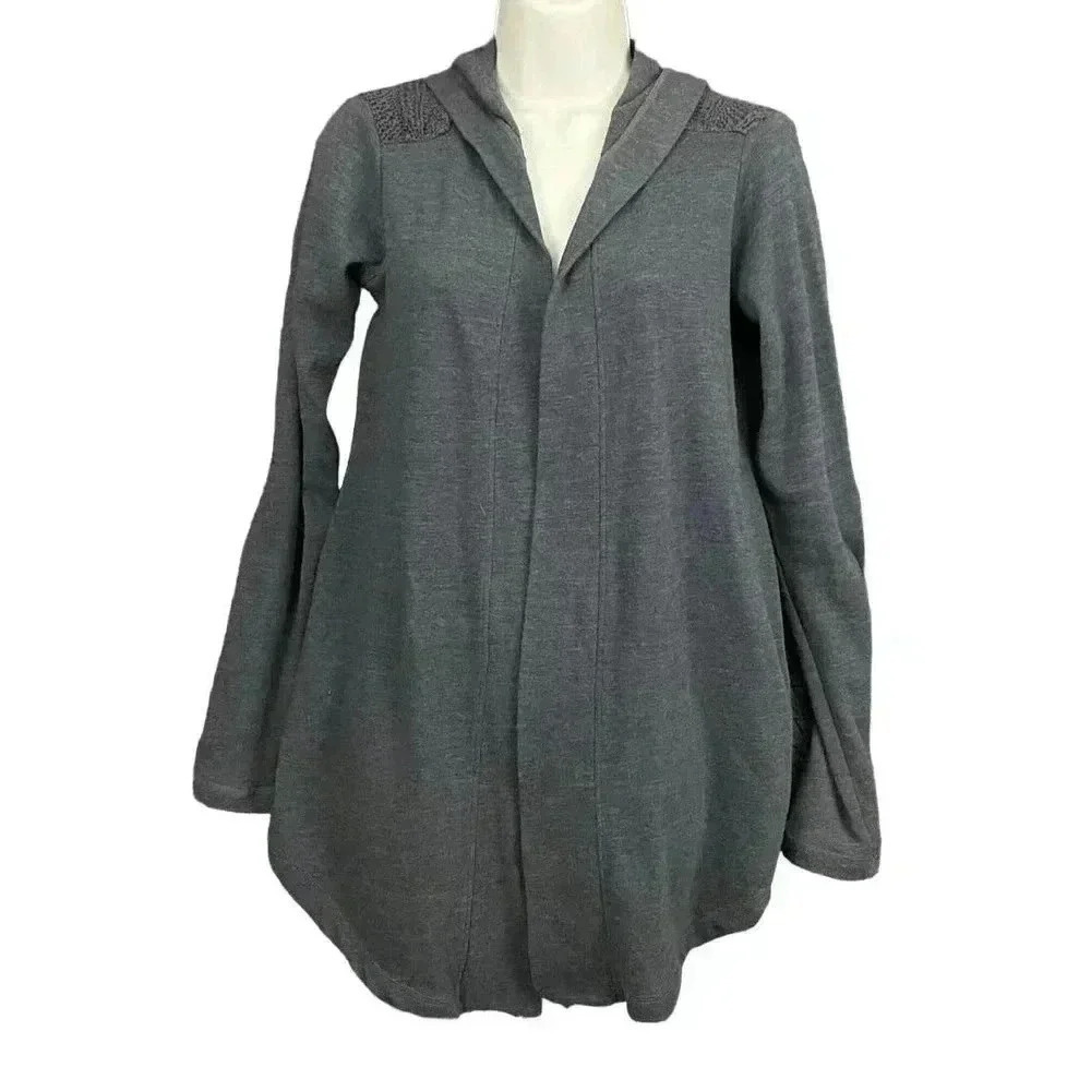 Lucky Lotus Blue Gray Open Front Cardigan XS Cotton‎ Blend Knit Hooded Sweater